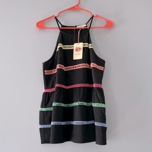 Entro black sleeveless peplum rainbow embroidered stripes tank top NWT medium